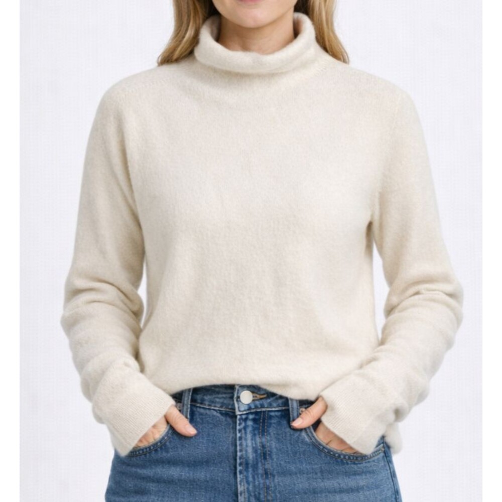 Émi Cashmere Merino Wool Turtleneck Sweater Womens M/L Cream Thumbholes Italy